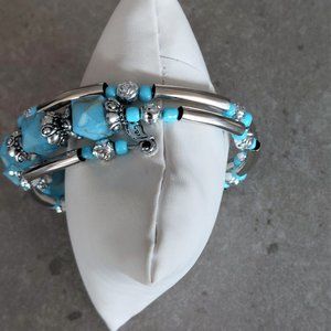 FASHION JEWELRY Wrap Layered Silver Tone/Blue Bracelet w/Silver Hoop Earrings